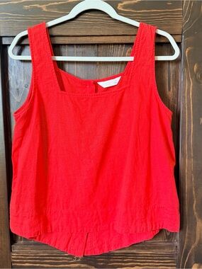 Bright Red Sleeveless Square-Neck Linen Blend Tank